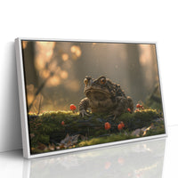 The Toad Holds Court in the Moss, toad sitting on mossy ground beside red mushrooms in warm dusk light painting, as a framed canvas in a white frame