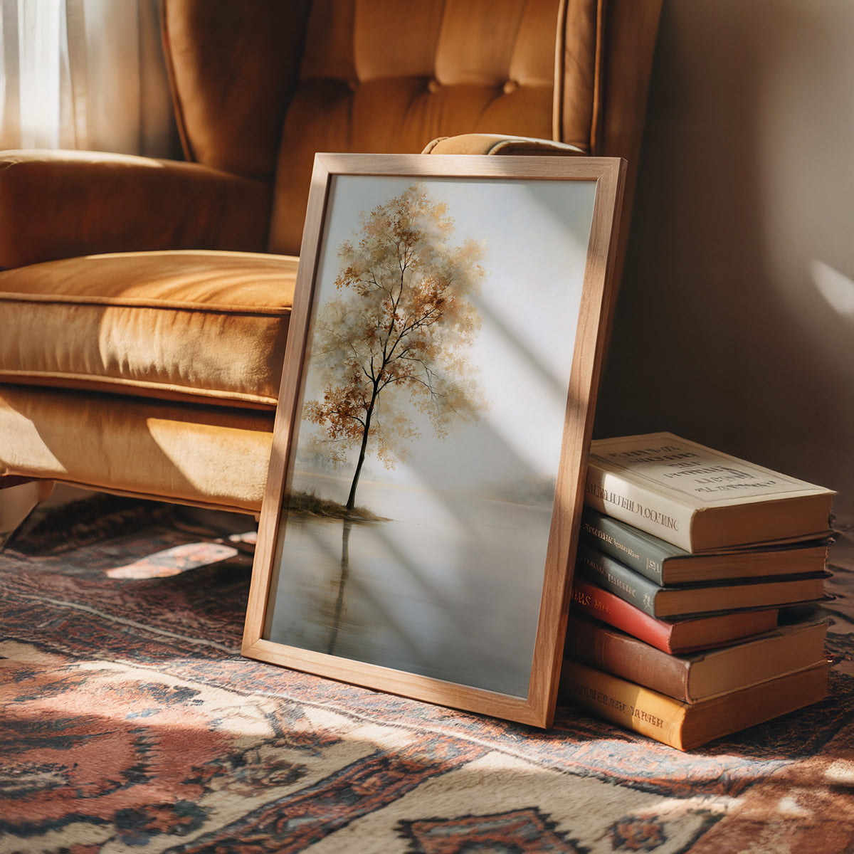The Tree Stays Put in the Mist, a single tree with autumn gold in its crown standing on the edge of a pale lake, with the mist rolling low over the water and the sky a soft cream and blue, in a wood frame on a rug beside a leather armchair and a stack of books