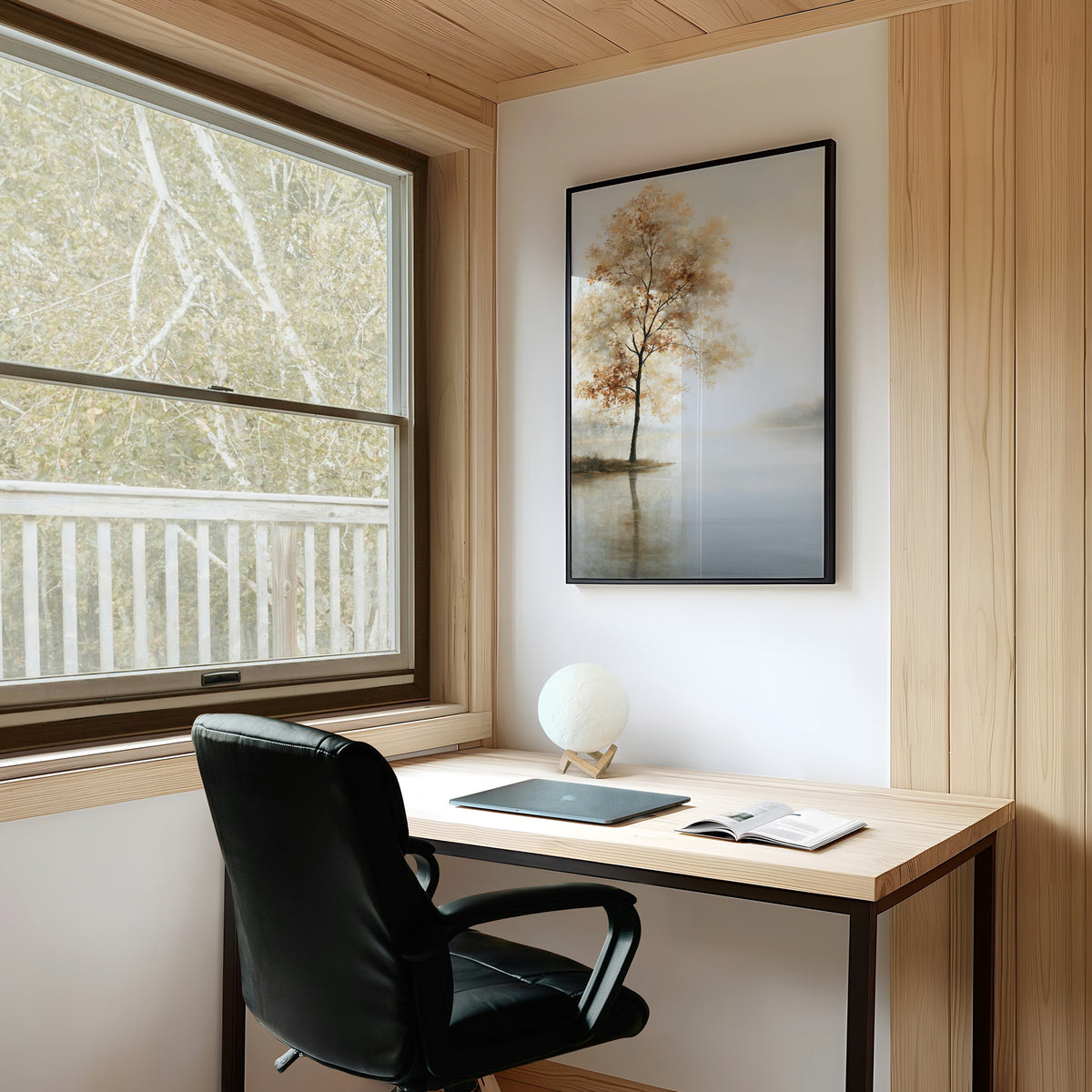 The Tree Stays Put in the Mist, a single tree with autumn gold in its crown standing on the edge of a pale lake, with the mist rolling low over the water and the sky a soft cream and blue, on a study wall above a writing desk and a black desk chair