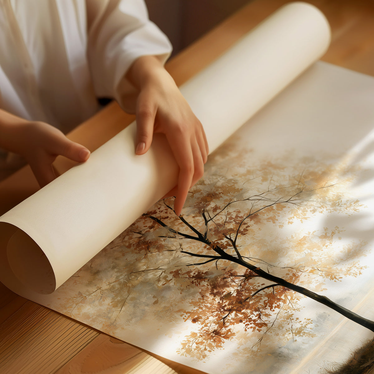 The Tree Stays Put in the Mist, a single tree with autumn gold in its crown standing on the edge of a pale lake, with the mist rolling low over the water and the sky a soft cream and blue, as a matte poster, unframed