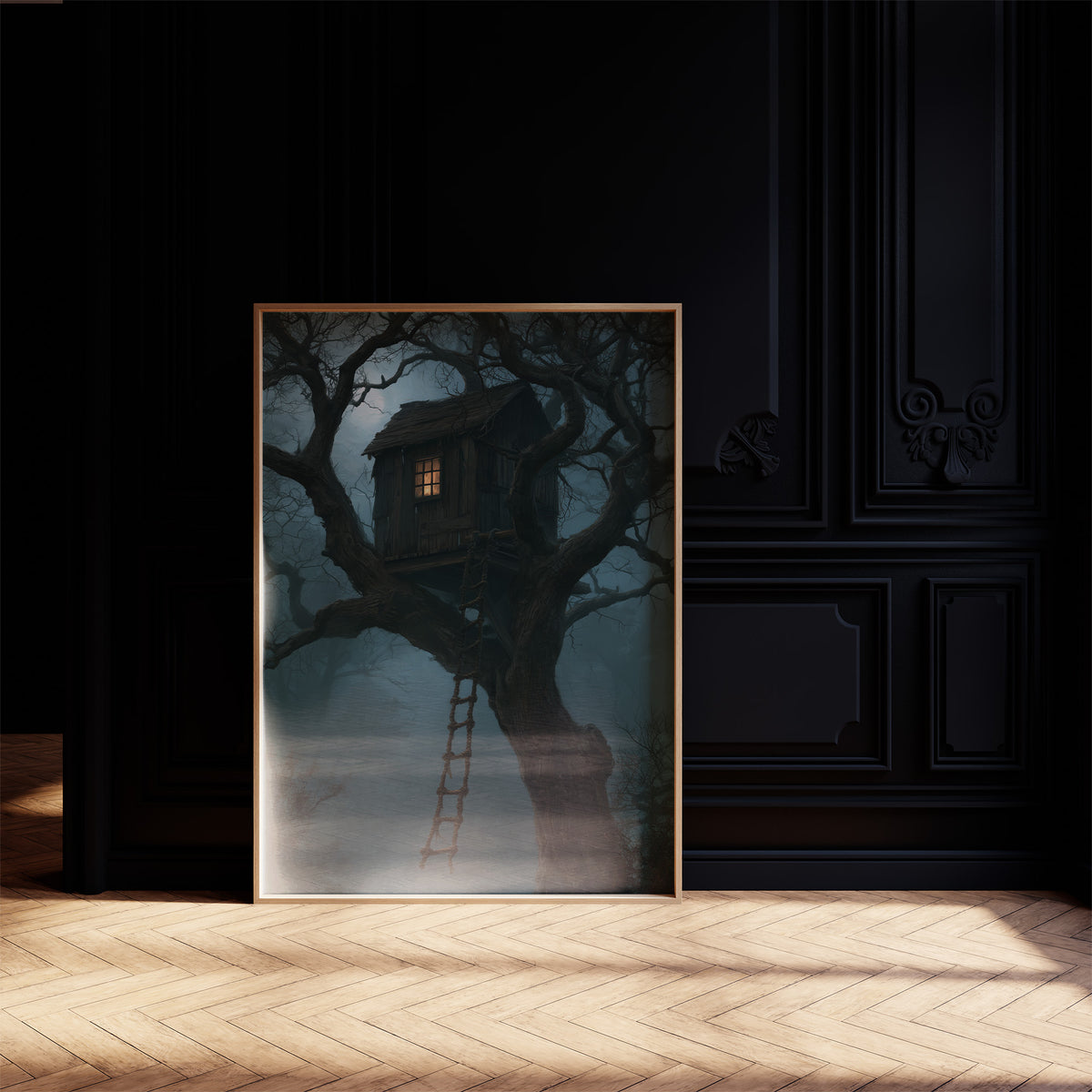 The Treehouse Never Sleeps, a glowing treehouse window high in a twisted oak under a blue fog of night, painted in deep teal and fog blue, on a black paneled wall with sunlit herringbone floor