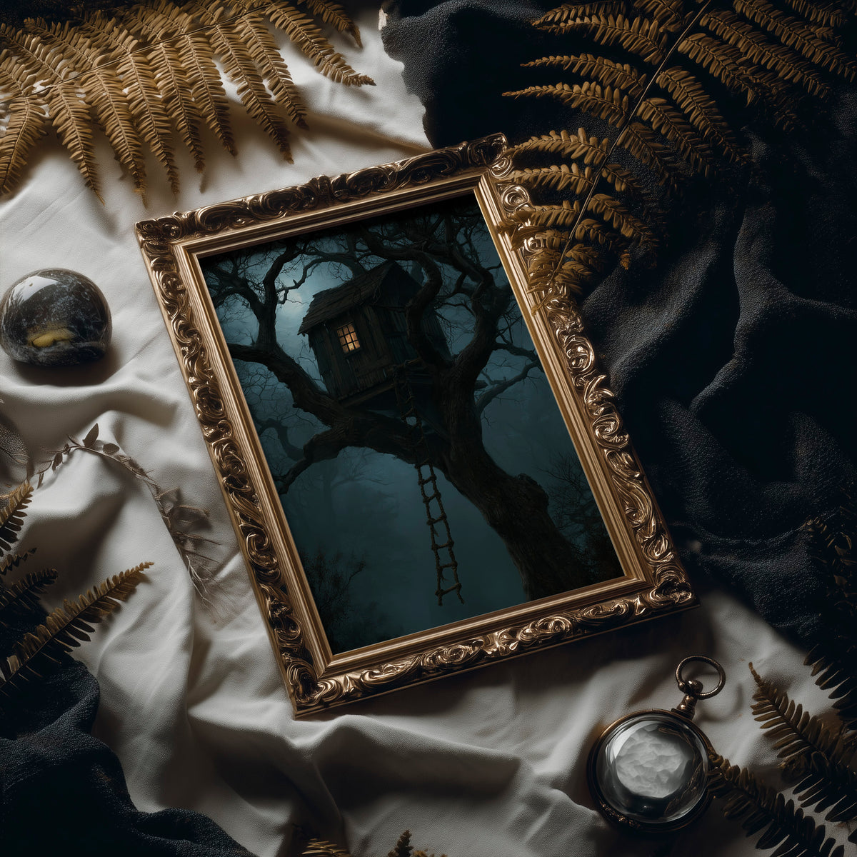 The Treehouse Never Sleeps, a glowing treehouse window high in a twisted oak under a blue fog of night, painted in deep teal and fog blue, in an antique gold frame laid on white linen with ferns and a pocket watch