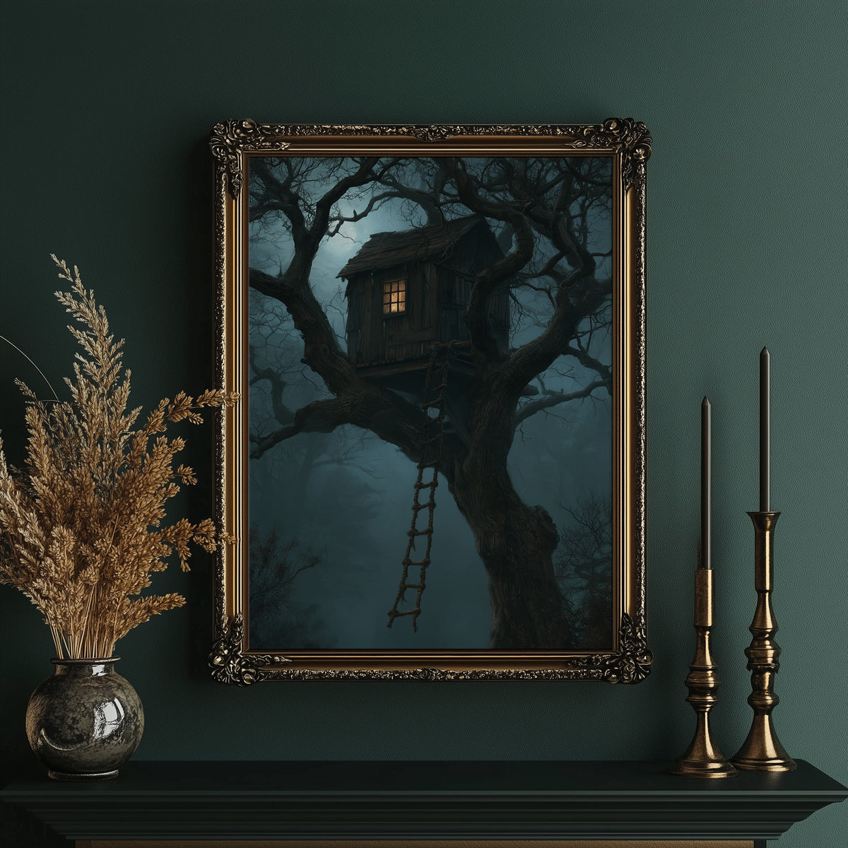 The Treehouse Never Sleeps, a glowing treehouse window high in a twisted oak under a blue fog of night, painted in deep teal and fog blue, in an ornate gold frame on a deep green wall beside brass candlesticks