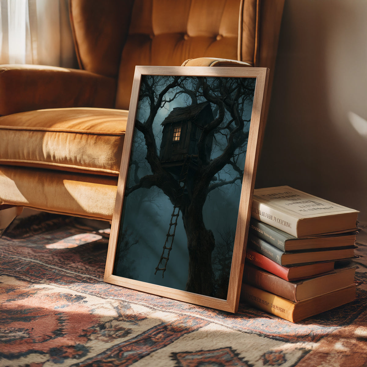 The Treehouse Never Sleeps, a glowing treehouse window high in a twisted oak under a blue fog of night, painted in deep teal and fog blue, in a wood frame beside a leather armchair and a stack of books