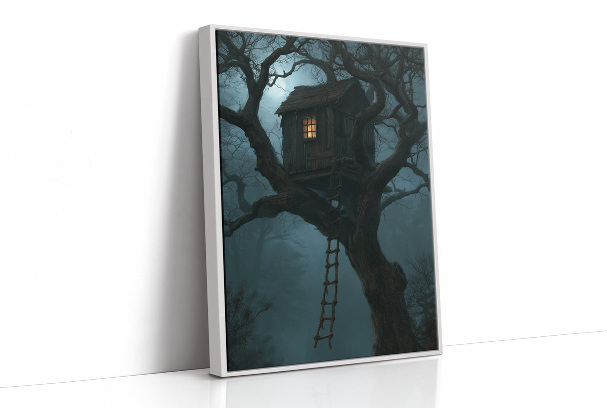 The Treehouse Never Sleeps, a glowing treehouse window high in a twisted oak under a blue fog of night, painted in deep teal and fog blue, as a framed canvas in a white frame