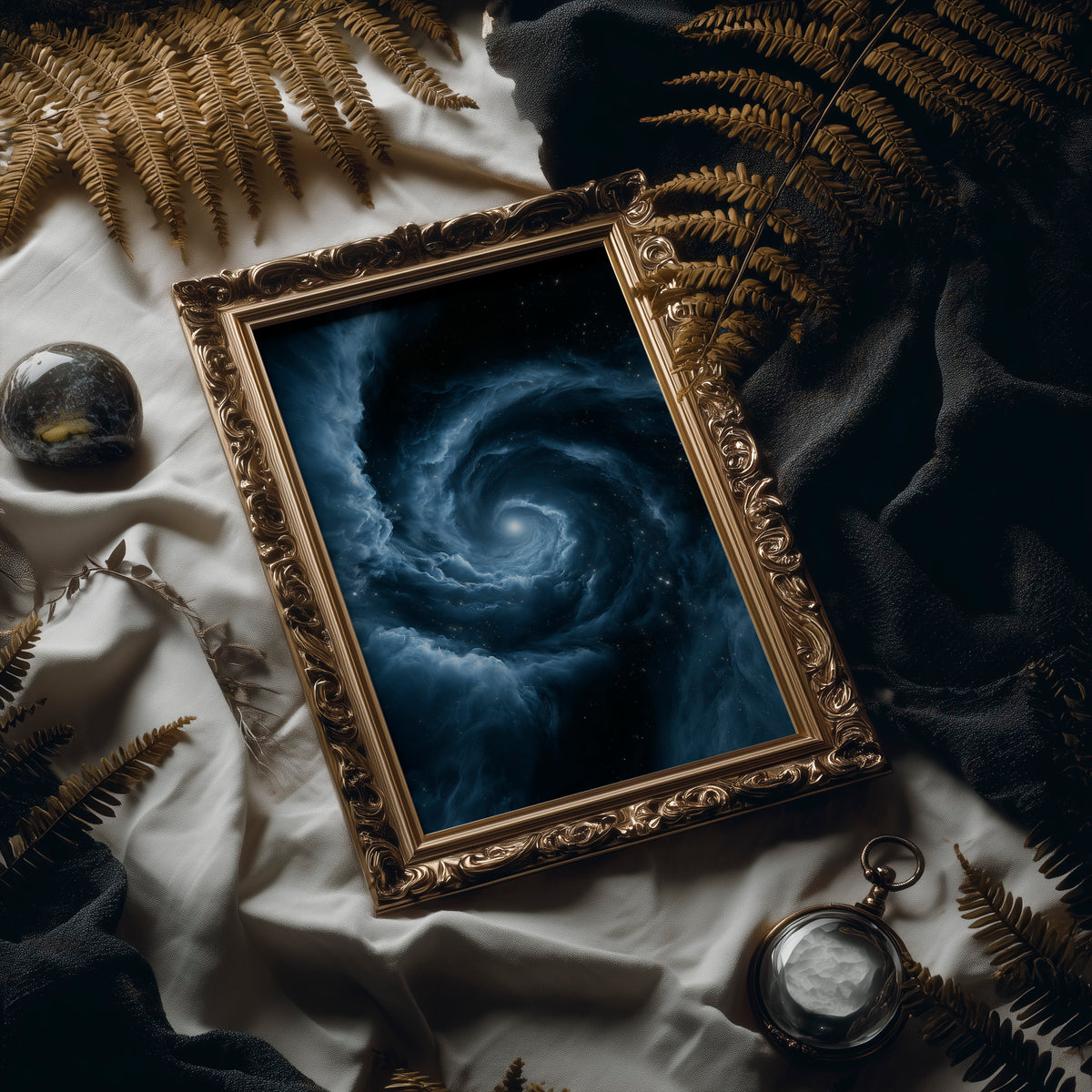 The Turning Sky Remembers, a slow silver spiral of blue light turning through a deep dark field toward one bright center, in an antique gold frame laid on white linen with ferns and a pocket watch