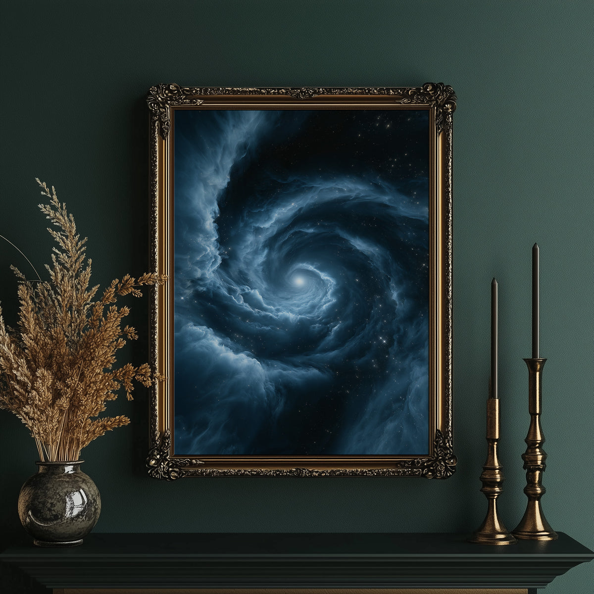The Turning Sky Remembers, a slow silver spiral of blue light turning through a deep dark field toward one bright center, in an ornate gold frame on a deep green wall beside brass candlesticks