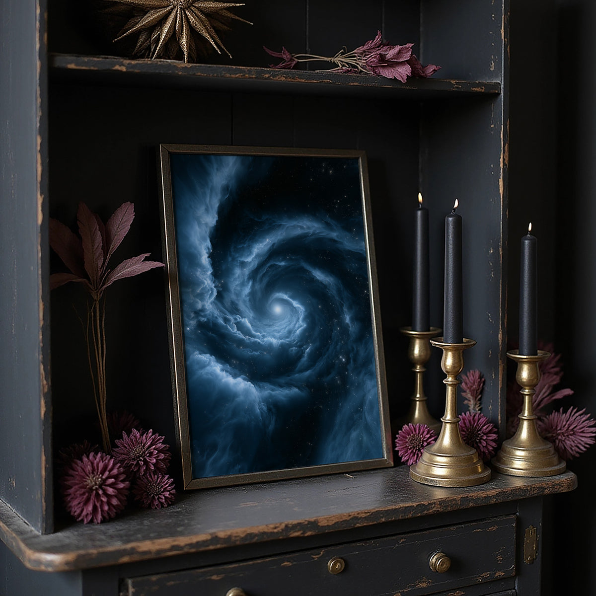 The Turning Sky Remembers, a slow silver spiral of blue light turning through a deep dark field toward one bright center, on a dark wooden cabinet shelf with candles and dried flowers