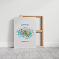 The Turtle Keeps Its Own Time, a sea turtle drifting over pale blue and green watercolor waves, with two lines of bold blue lettering above and below it on a white ground, in a soft watercolor style, on a gallery canvas with wrapped edges leaning against a white wall