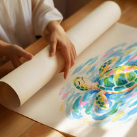 The Turtle Keeps Its Own Time, a sea turtle drifting over pale blue and green watercolor waves, with two lines of bold blue lettering above and below it on a white ground, in a soft watercolor style, as a matte poster, unframed