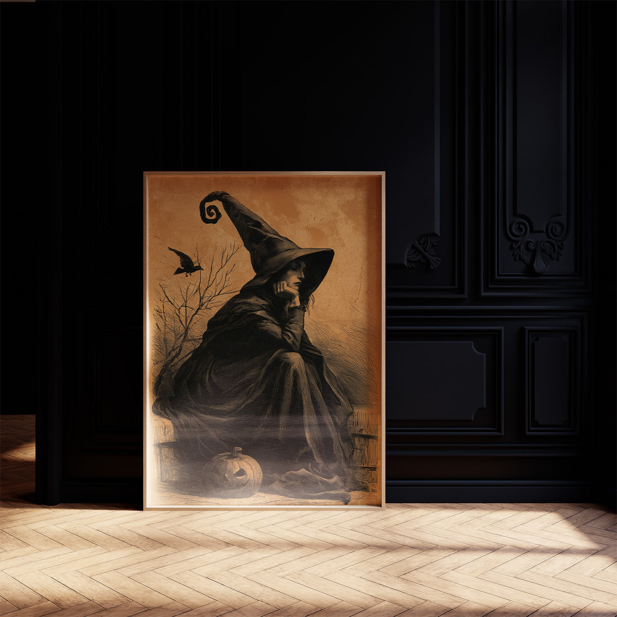 The Witch Keeps Her Crow, witch in a pointed hat with a crow and a pumpkin on an ochre background painting, on a black paneled wall with sunlit herringbone floor