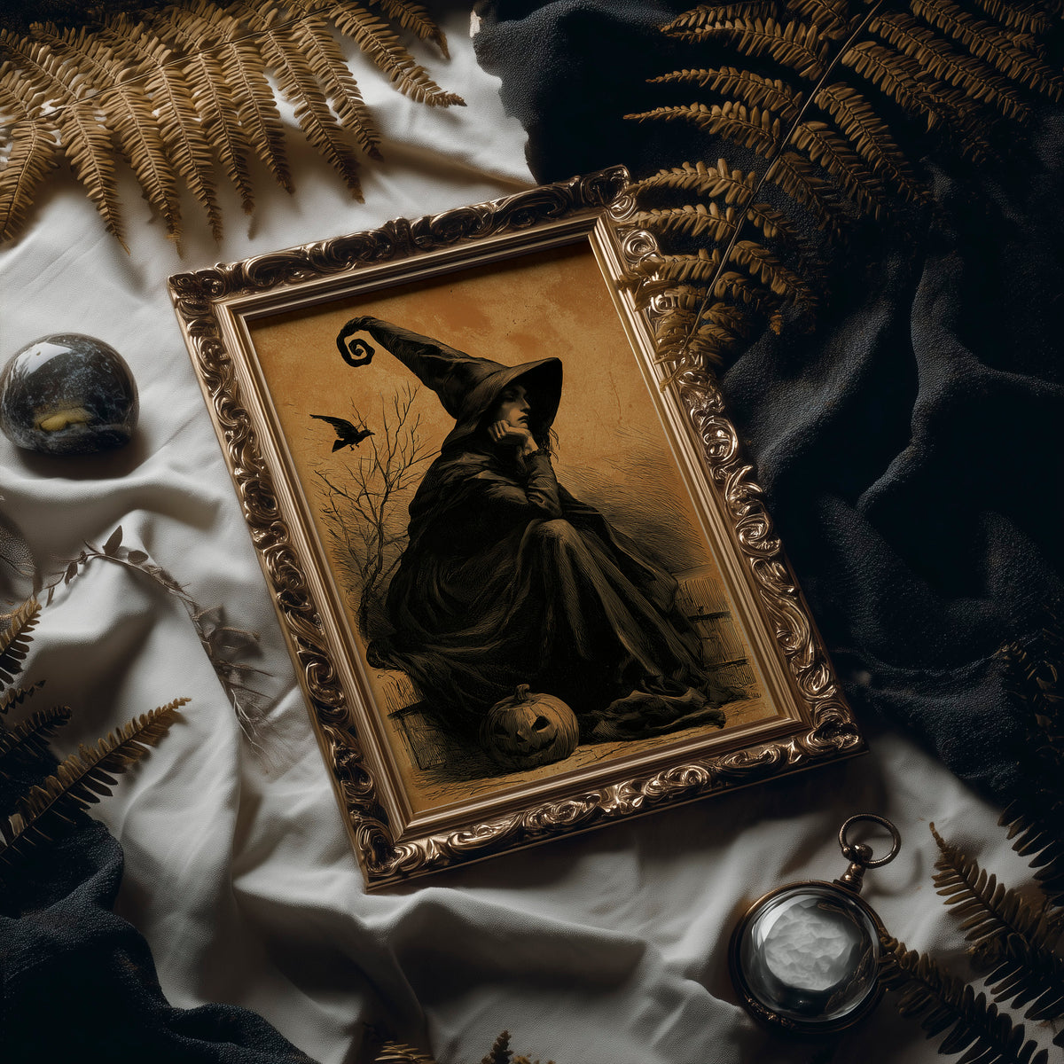 The Witch Keeps Her Crow, witch in a pointed hat with a crow and a pumpkin on an ochre background painting, in an antique gold frame laid on white linen with ferns and a pocket watch