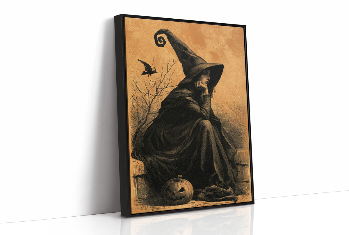 The Witch Keeps Her Crow, witch in a pointed hat with a crow and a pumpkin on an ochre background painting, as a framed canvas in a black frame