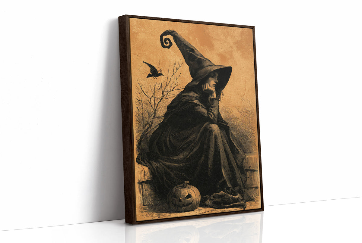 The Witch Keeps Her Crow, witch in a pointed hat with a crow and a pumpkin on an ochre background painting, as a framed canvas in a brown frame