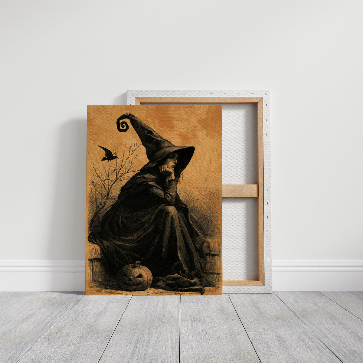 The Witch Keeps Her Crow, witch in a pointed hat with a crow and a pumpkin on an ochre background painting, on a gallery canvas with wrapped edges leaning against a white wall