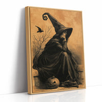 The Witch Keeps Her Crow, witch in a pointed hat with a crow and a pumpkin on an ochre background painting, as a framed canvas in a natural wood frame