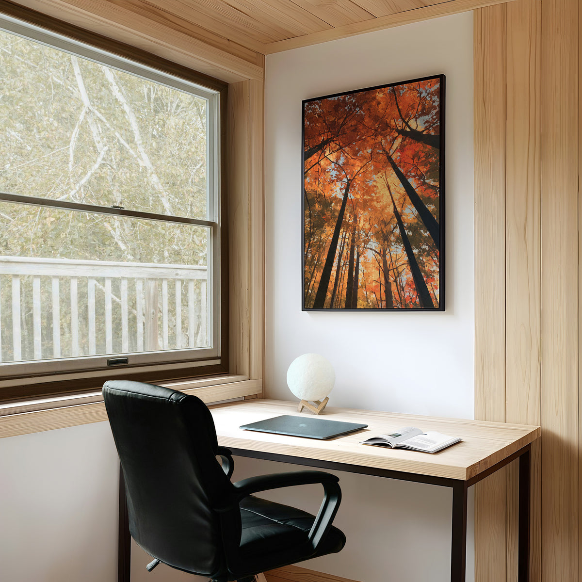 The Woods Blaze Overhead, a looking up view of tall trees with fiery red and orange autumn canopy and a sky of soft light, painted in flame red and burnt gold, on a study wall above a writing desk and a black desk chair
