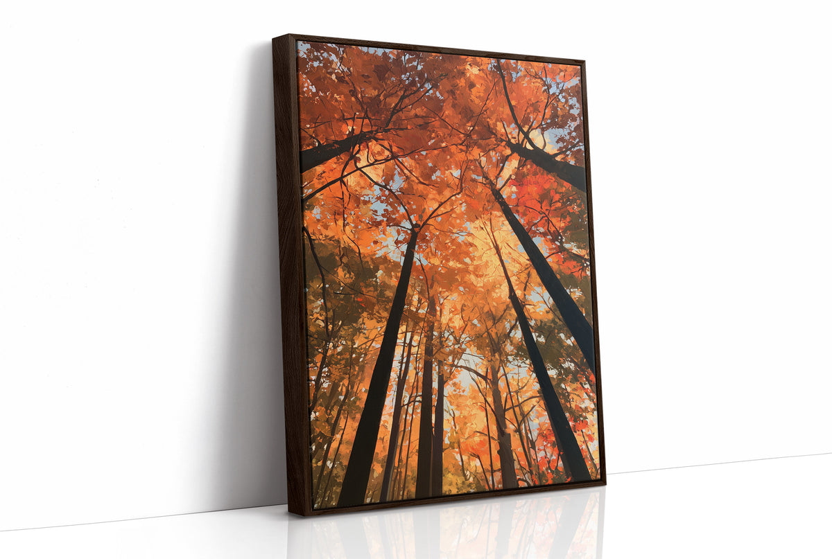 The Woods Blaze Overhead, a looking up view of tall trees with fiery red and orange autumn canopy and a sky of soft light, painted in flame red and burnt gold, as a framed canvas in a brown frame