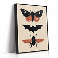 Three Night Visitors in a Row, a moth with crescent moon spots, a black bat in flight and a beetle with rust wings stacked in a column on a cream ground, painted in black, rust and cream, as a framed canvas in a black frame
