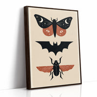 Three Night Visitors in a Row, a moth with crescent moon spots, a black bat in flight and a beetle with rust wings stacked in a column on a cream ground, painted in black, rust and cream, as a framed canvas in a brown frame