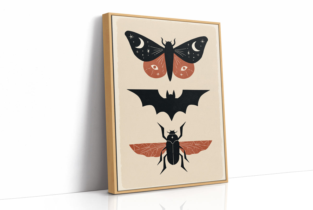 Three Night Visitors in a Row, a moth with crescent moon spots, a black bat in flight and a beetle with rust wings stacked in a column on a cream ground, painted in black, rust and cream, as a framed canvas in a natural wood frame