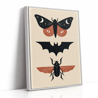 Three Night Visitors in a Row, a moth with crescent moon spots, a black bat in flight and a beetle with rust wings stacked in a column on a cream ground, painted in black, rust and cream, as a framed canvas in a white frame