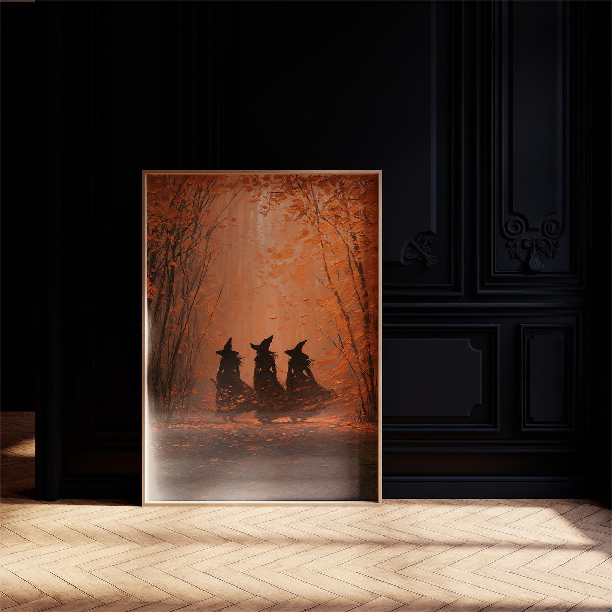 Three Sisters in the Amber Wood, three witch silhouettes standing together in a glowing autumn forest of orange haze and deep umber shadows, painted in burnt orange, umber and soft rust, on a black paneled wall with sunlit herringbone floor