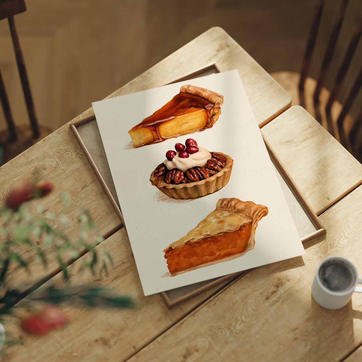 Three Slices Keep the Table Company, three pies stacked down the page, a golden custard slice, a pecan tart with cherries and a pumpkin wedge, on a cream ground, lying flat on a light wood table beside a coffee cup and red berries