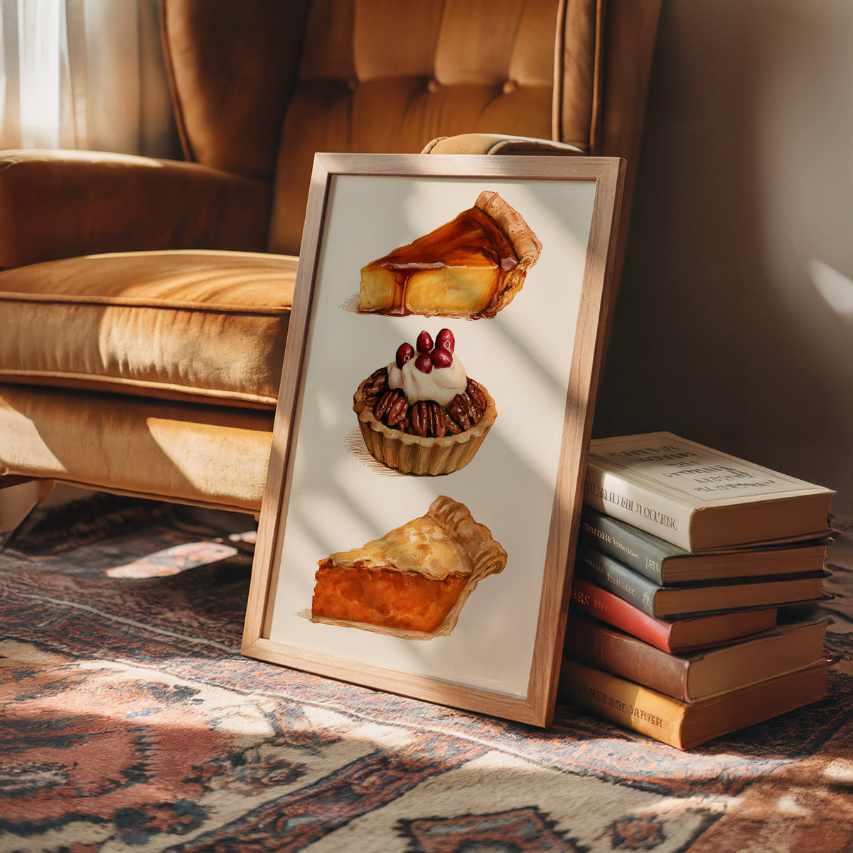 Three Slices Keep the Table Company, three pies stacked down the page, a golden custard slice, a pecan tart with cherries and a pumpkin wedge, on a cream ground, in a wood frame on a rug beside a leather armchair and a stack of books