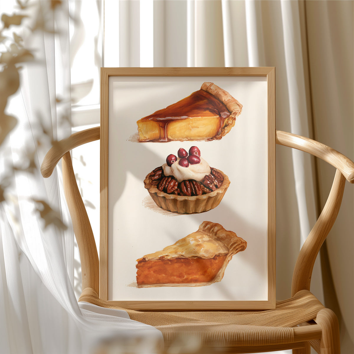 Three Slices Keep the Table Company, three pies stacked down the page, a golden custard slice, a pecan tart with cherries and a pumpkin wedge, on a cream ground, in a wood frame beside a wicker chair by a sunny window