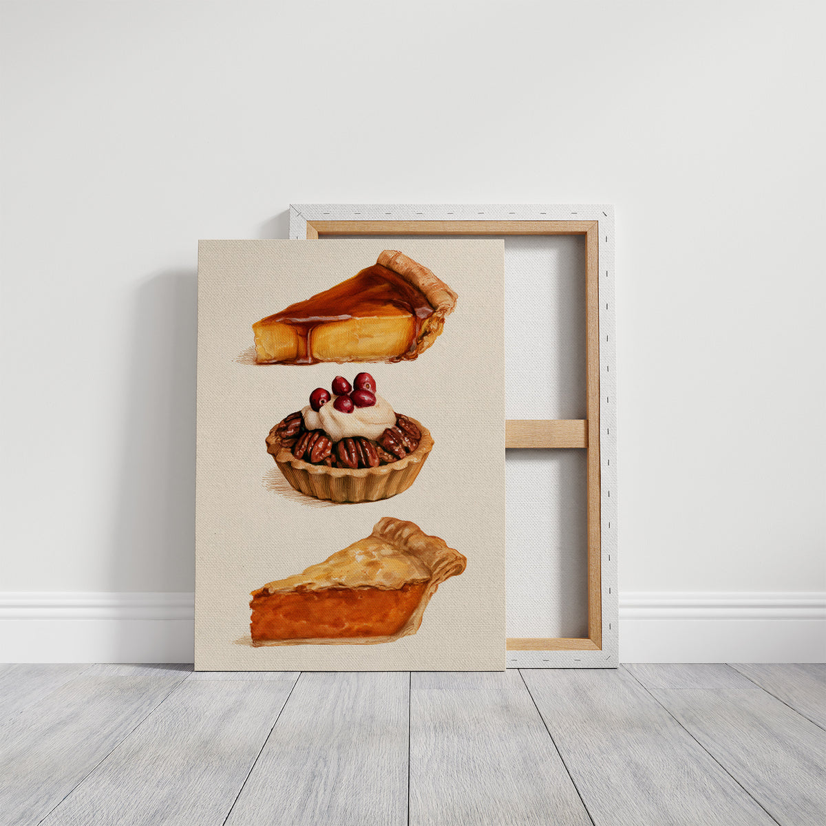 Three Slices Keep the Table Company, three pies stacked down the page, a golden custard slice, a pecan tart with cherries and a pumpkin wedge, on a cream ground, on a gallery canvas with wrapped edges leaning against a white wall