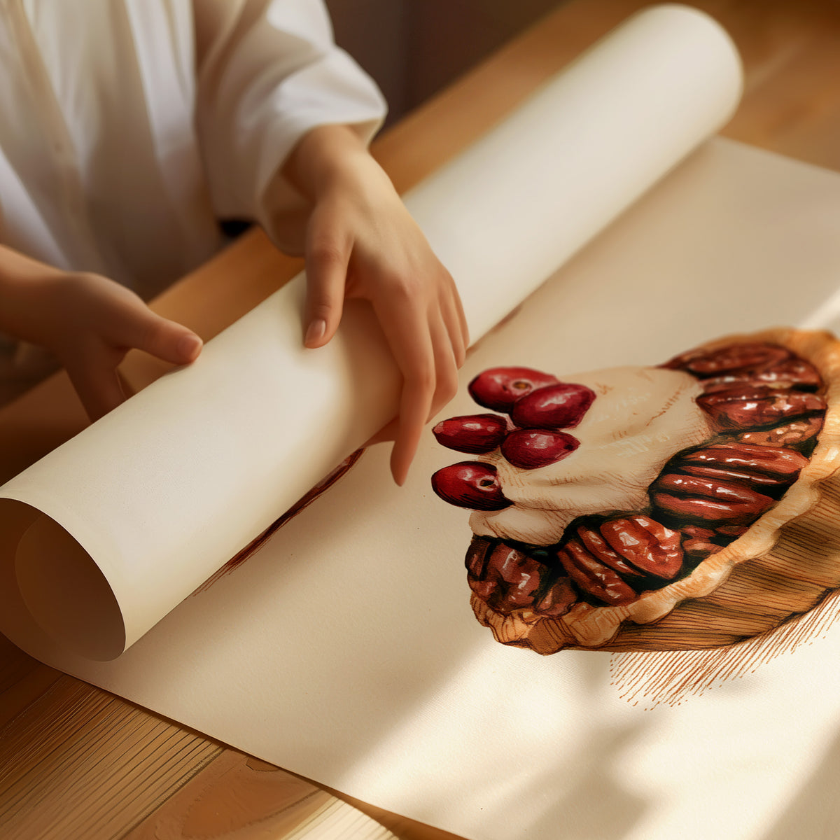 Three Slices Keep the Table Company, three pies stacked down the page, a golden custard slice, a pecan tart with cherries and a pumpkin wedge, on a cream ground, as a matte poster, unframed