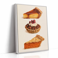 Three Slices Keep the Table Company, three pies stacked down the page, a golden custard slice, a pecan tart with cherries and a pumpkin wedge, on a cream ground, as a framed canvas in a white frame