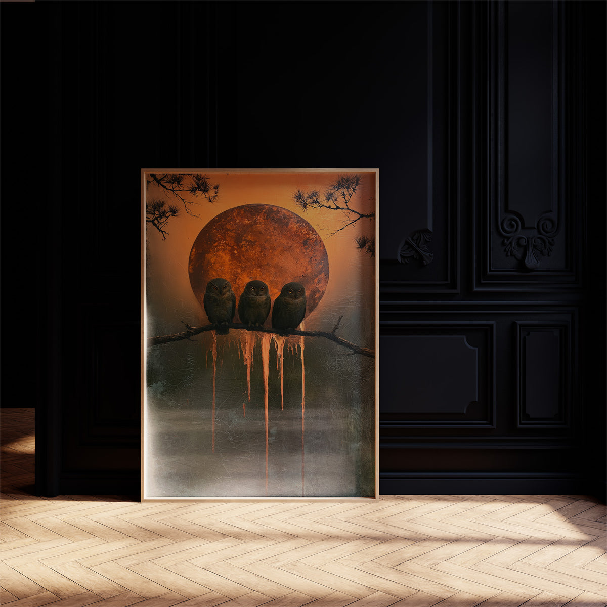 Three Watchers and the Moon, three black crows on a bare branch before a huge orange moon with gold paint dripping down the canvas, on a black paneled wall with sunlit herringbone floor