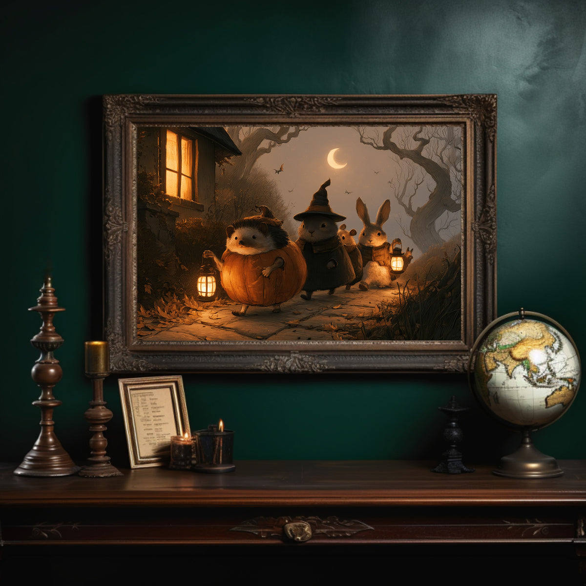 Trick or Treaters of the Hollow, small woodland creatures in witch hats with lanterns near a glowing cottage, in an ornate dark frame on a deep green wall above a mantel with a globe and candles