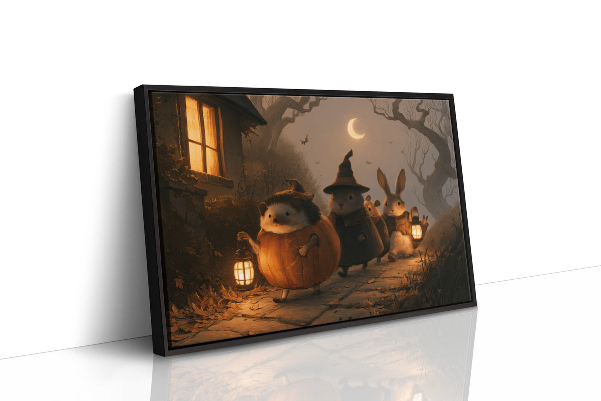 Trick or Treaters of the Hollow, small woodland creatures in witch hats with lanterns near a glowing cottage, as a framed canvas in a black frame