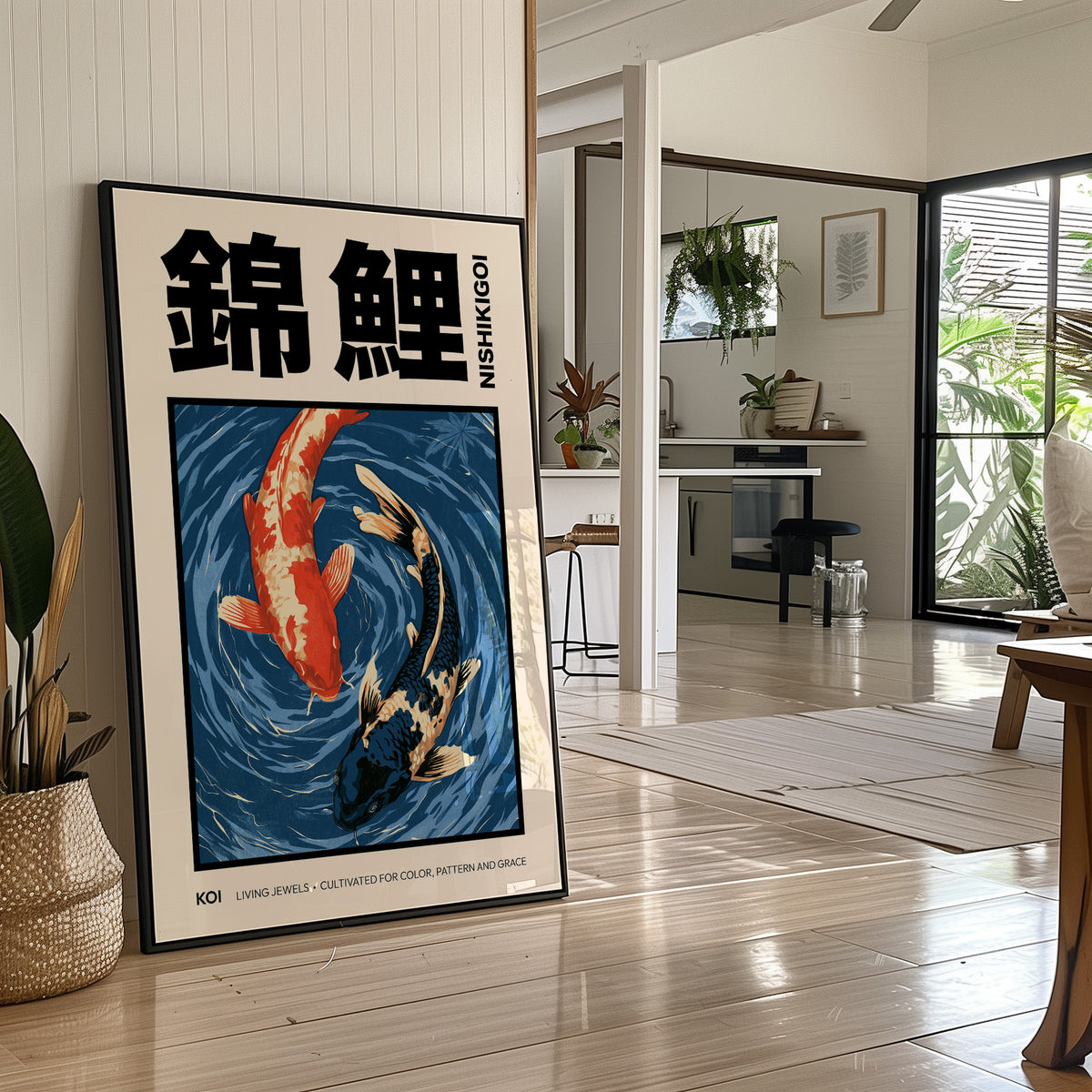 Two Fish Turn Beneath the Surface, two koi, one flame orange and one cream, turning through deep blue water with patient ripple lines, in a flat Japanese woodblock style, in a black frame leaning on a bright hallway floor beside a potted plant