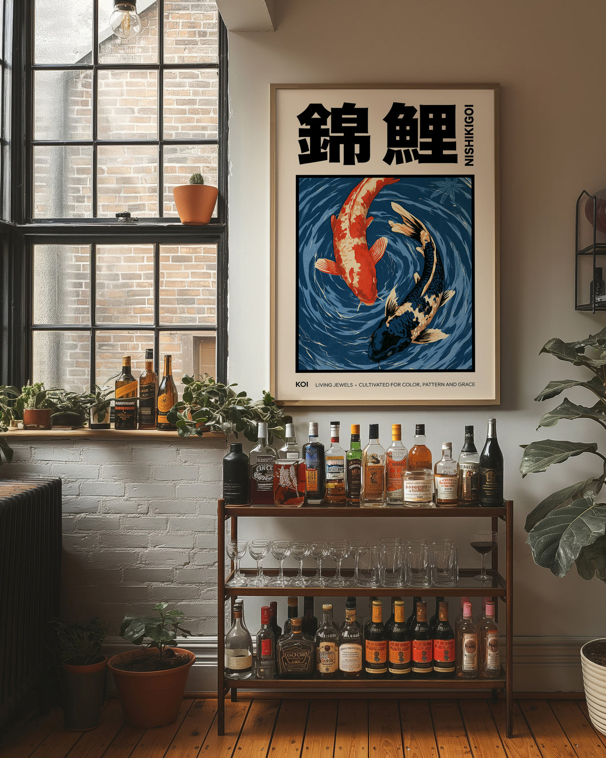 Two Fish Turn Beneath the Surface, two koi, one flame orange and one cream, turning through deep blue water with patient ripple lines, in a flat Japanese woodblock style, in a wood frame on a brick wall above a bar cart of bottles and plants