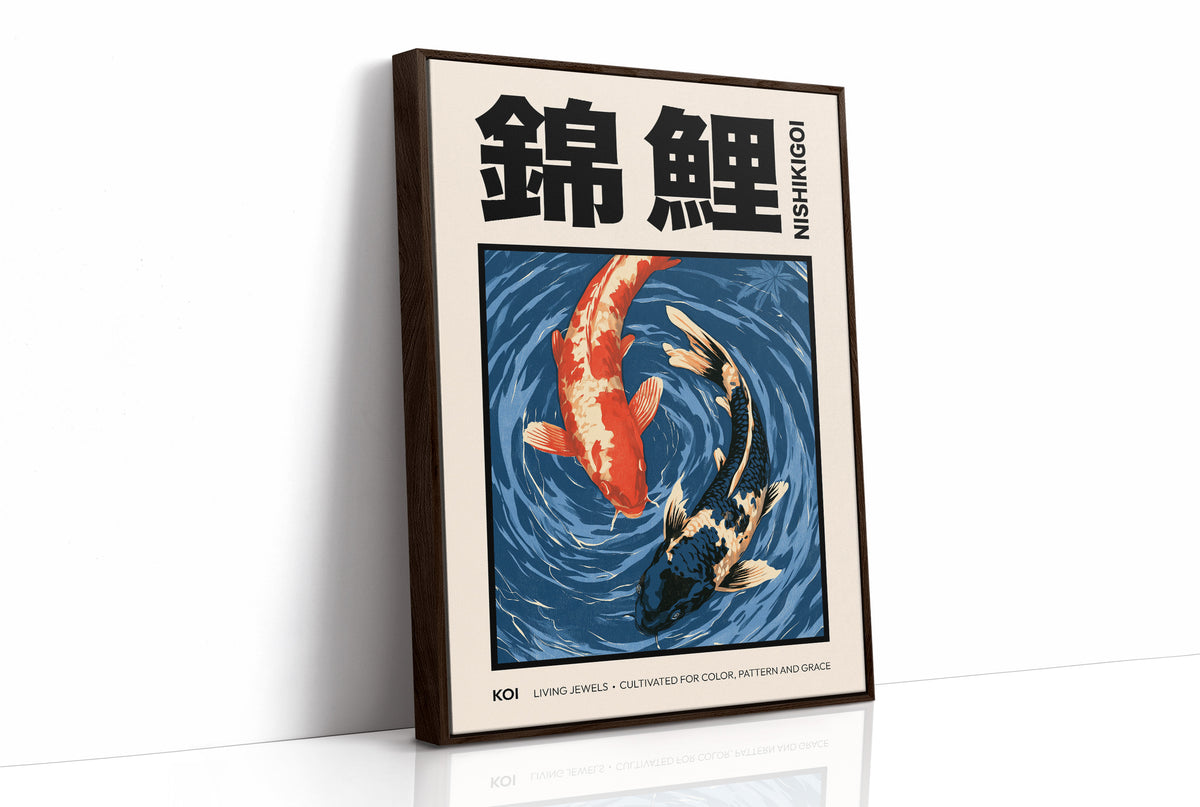 Two Fish Turn Beneath the Surface, two koi, one flame orange and one cream, turning through deep blue water with patient ripple lines, in a flat Japanese woodblock style, as a framed canvas in a brown frame