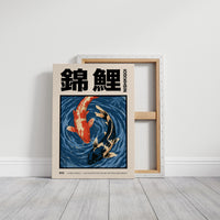 Two Fish Turn Beneath the Surface, two koi, one flame orange and one cream, turning through deep blue water with patient ripple lines, in a flat Japanese woodblock style, on a gallery canvas with wrapped edges leaning against a white wall