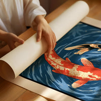 Two Fish Turn Beneath the Surface, two koi, one flame orange and one cream, turning through deep blue water with patient ripple lines, in a flat Japanese woodblock style, as a matte poster, unframed