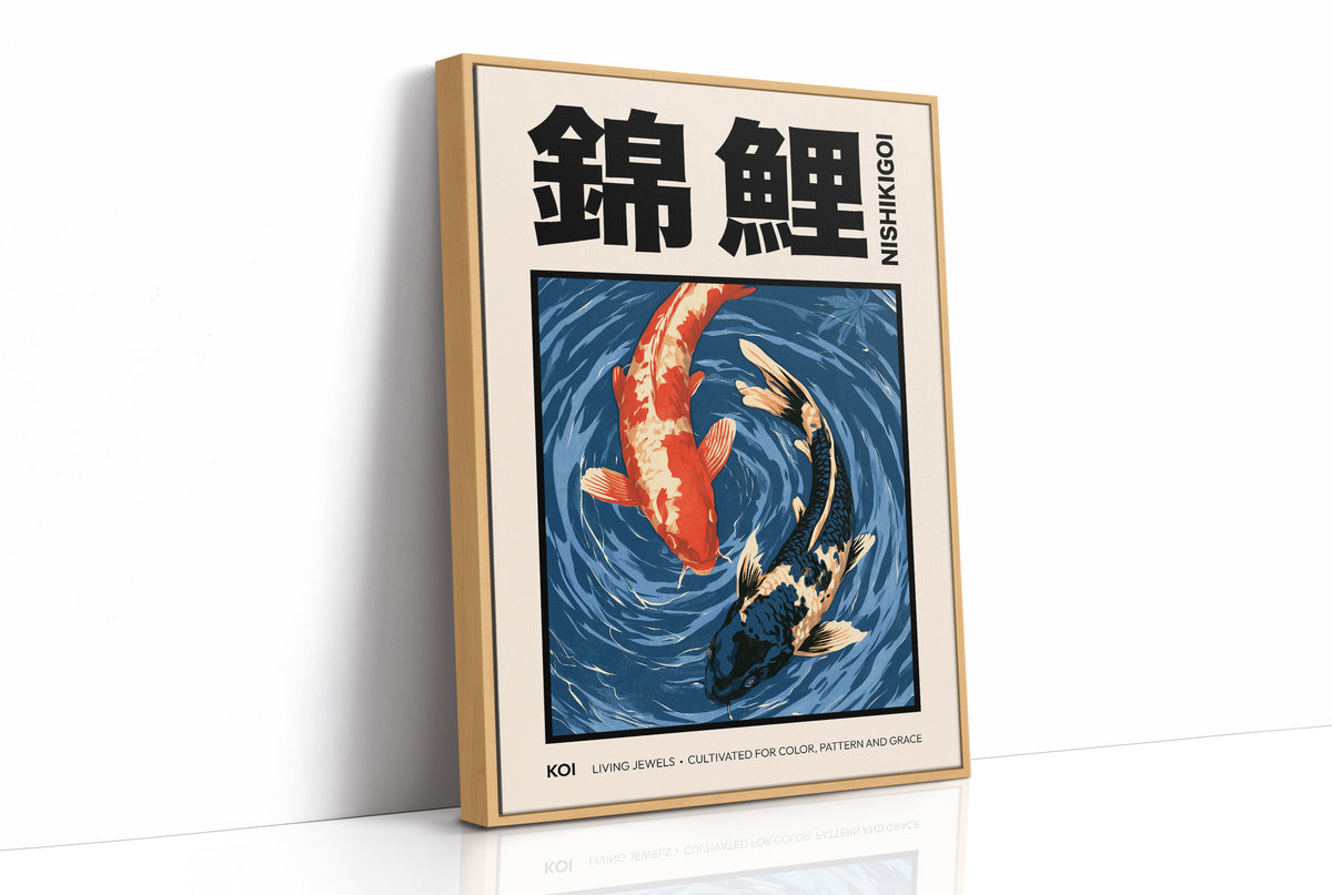 Two Fish Turn Beneath the Surface, two koi, one flame orange and one cream, turning through deep blue water with patient ripple lines, in a flat Japanese woodblock style, as a framed canvas in a natural wood frame