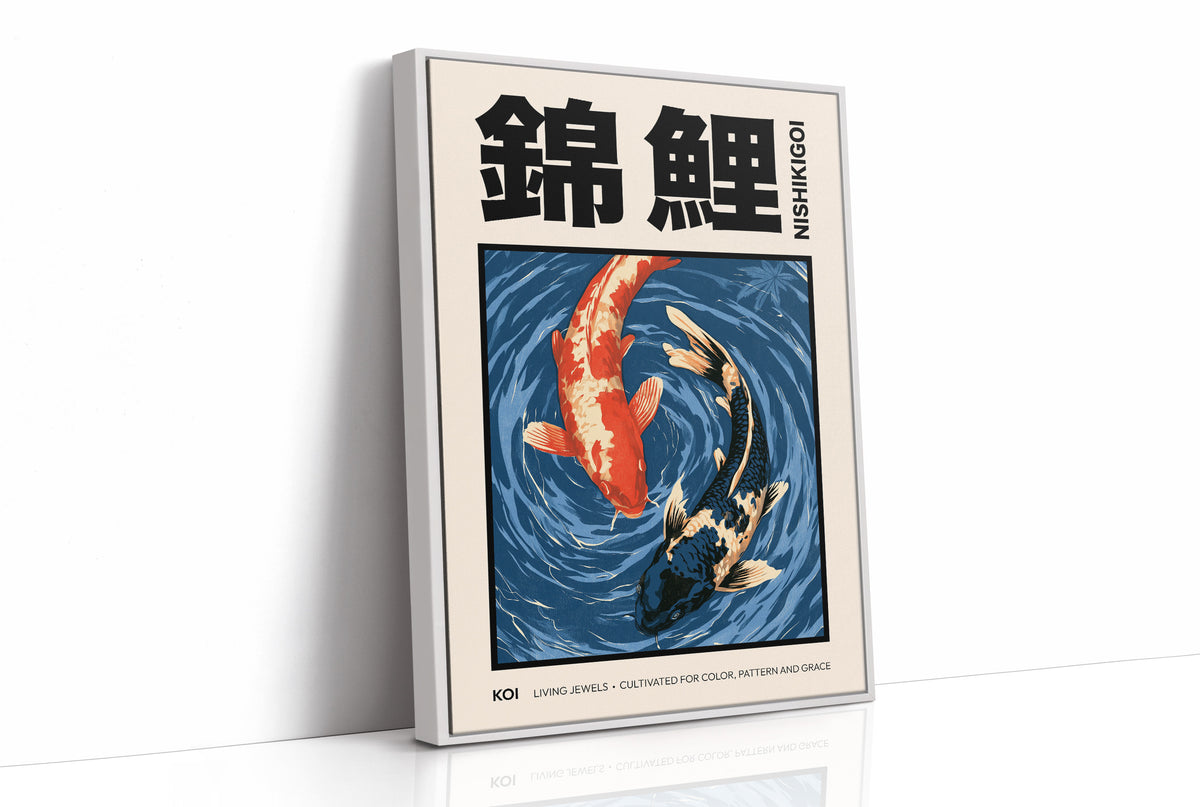 Two Fish Turn Beneath the Surface, two koi, one flame orange and one cream, turning through deep blue water with patient ripple lines, in a flat Japanese woodblock style, as a framed canvas in a white frame