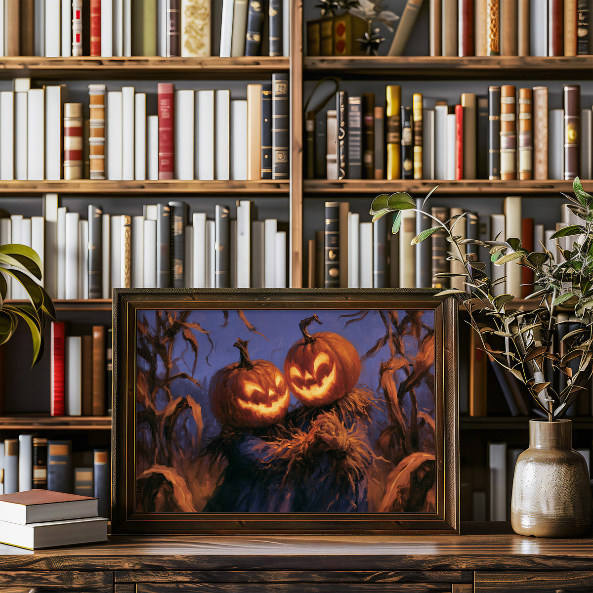 Two Lanterns Keeping Watch, two carved pumpkins glowing at the end of a cornfield under a deep blue dusk, painted in indigo, cornfield gold and warm orange, in a wood frame on a bookshelf wall beside a vase of olive branches