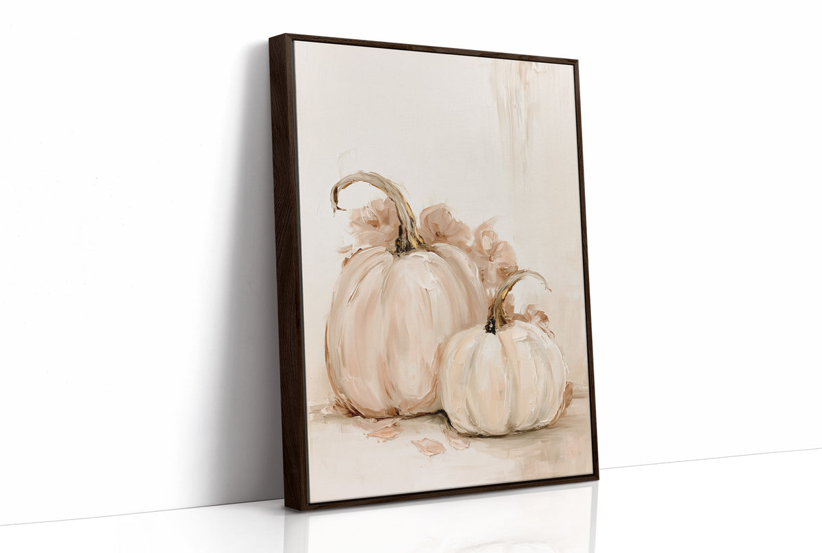 Two Pale Gourds Keep Company, two white pumpkins with curling stems and soft peach shadows on a cream ground, painted in ivory, blush and sage, as a framed canvas in a brown frame