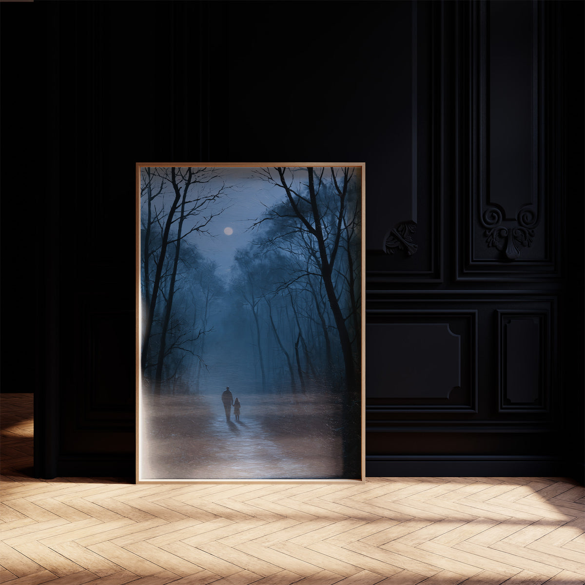 Two Shadows Take the Long Road, two dark figures walking a misty forest path between tall bare trees under a pale moon, painted in midnight blue, fog gray and soft silver, on a black paneled wall with sunlit herringbone floor