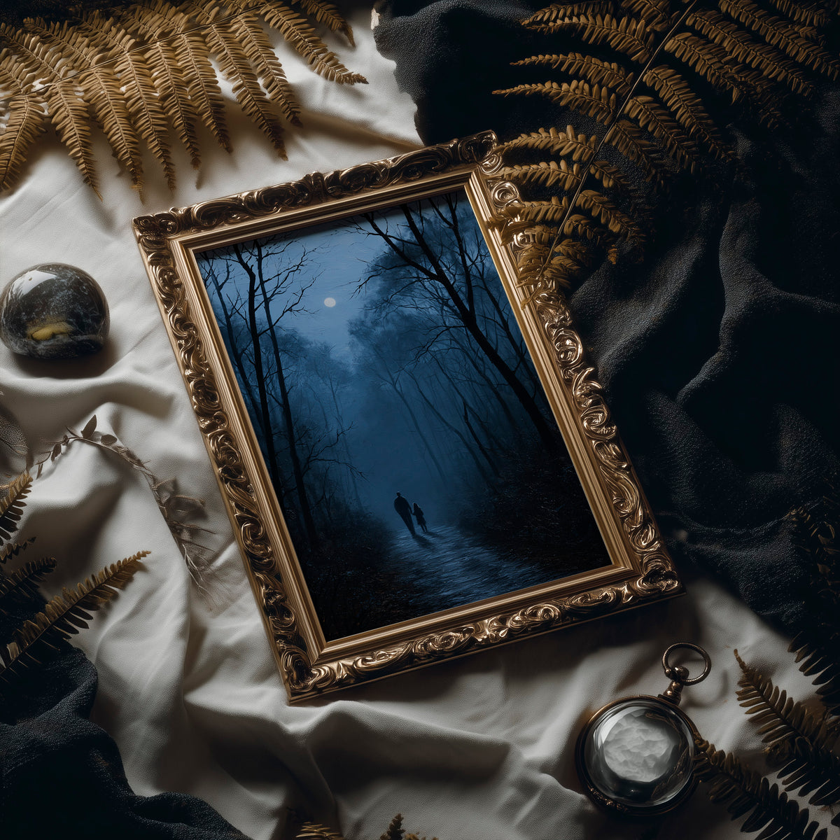 Two Shadows Take the Long Road, two dark figures walking a misty forest path between tall bare trees under a pale moon, painted in midnight blue, fog gray and soft silver, in an antique gold frame laid on white linen with ferns and a pocket watch
