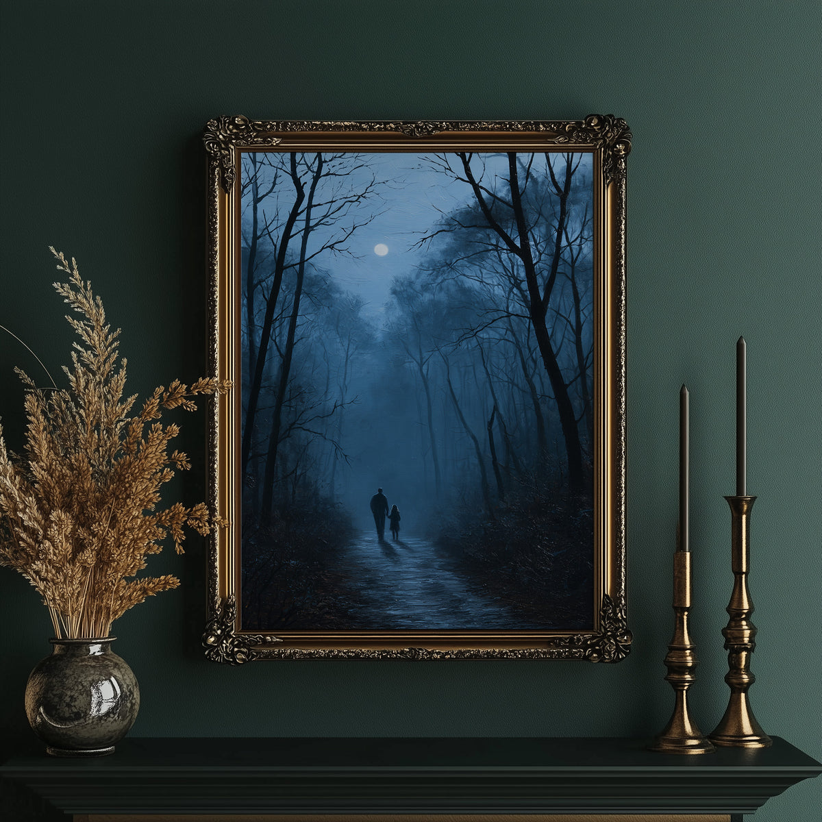 Two Shadows Take the Long Road, two dark figures walking a misty forest path between tall bare trees under a pale moon, painted in midnight blue, fog gray and soft silver, in an ornate gold frame on a deep green wall beside brass candlesticks