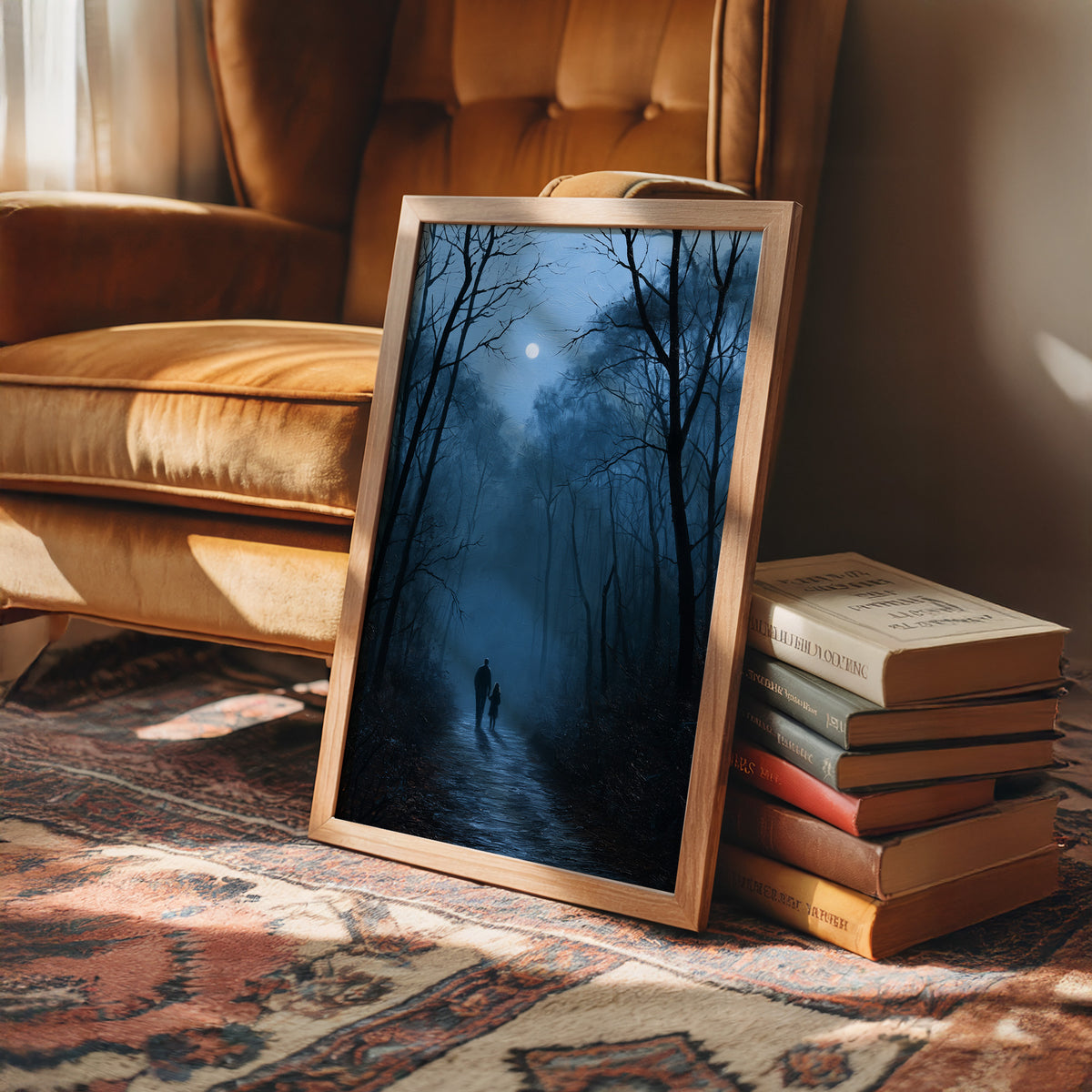 Two Shadows Take the Long Road, two dark figures walking a misty forest path between tall bare trees under a pale moon, painted in midnight blue, fog gray and soft silver, in a wood frame beside a leather armchair and a stack of books