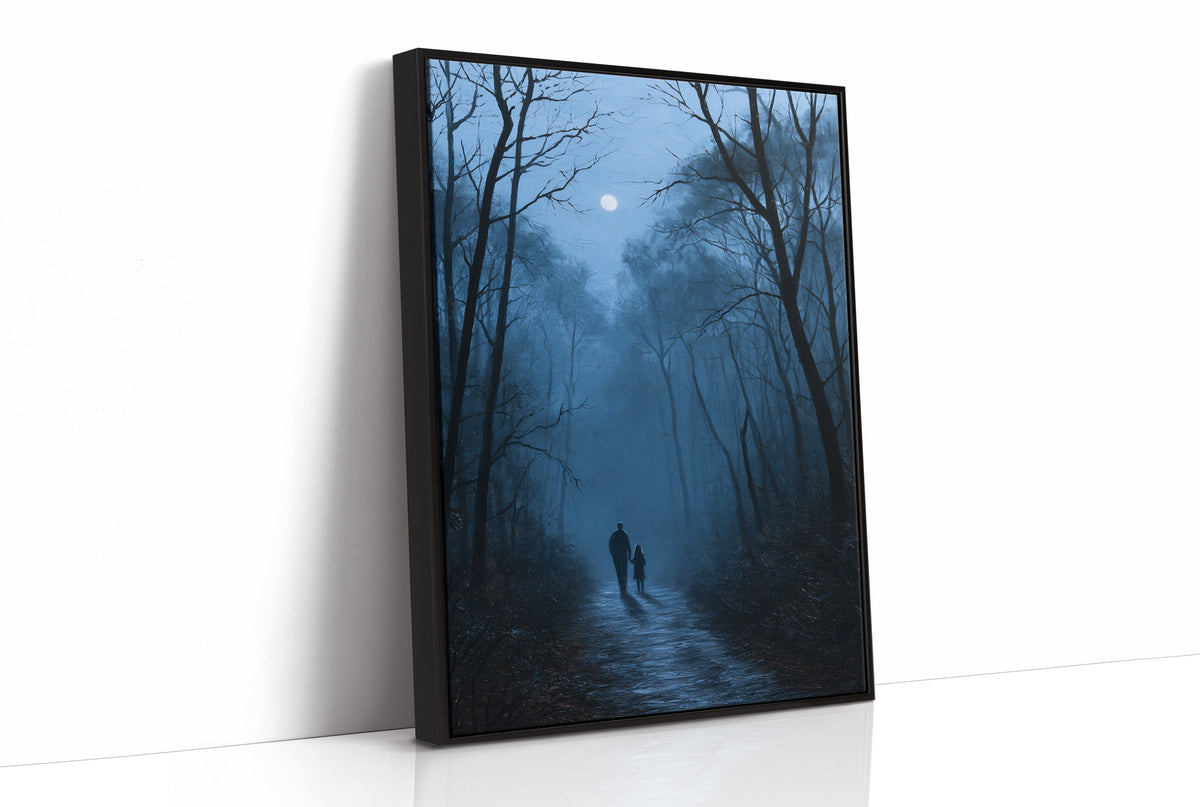 Two Shadows Take the Long Road, two dark figures walking a misty forest path between tall bare trees under a pale moon, painted in midnight blue, fog gray and soft silver, as a framed canvas in a black frame